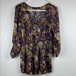 Forever 21 Floral Button-Up Blouse in Purple and Yellow 3/4 Sleeve Medium